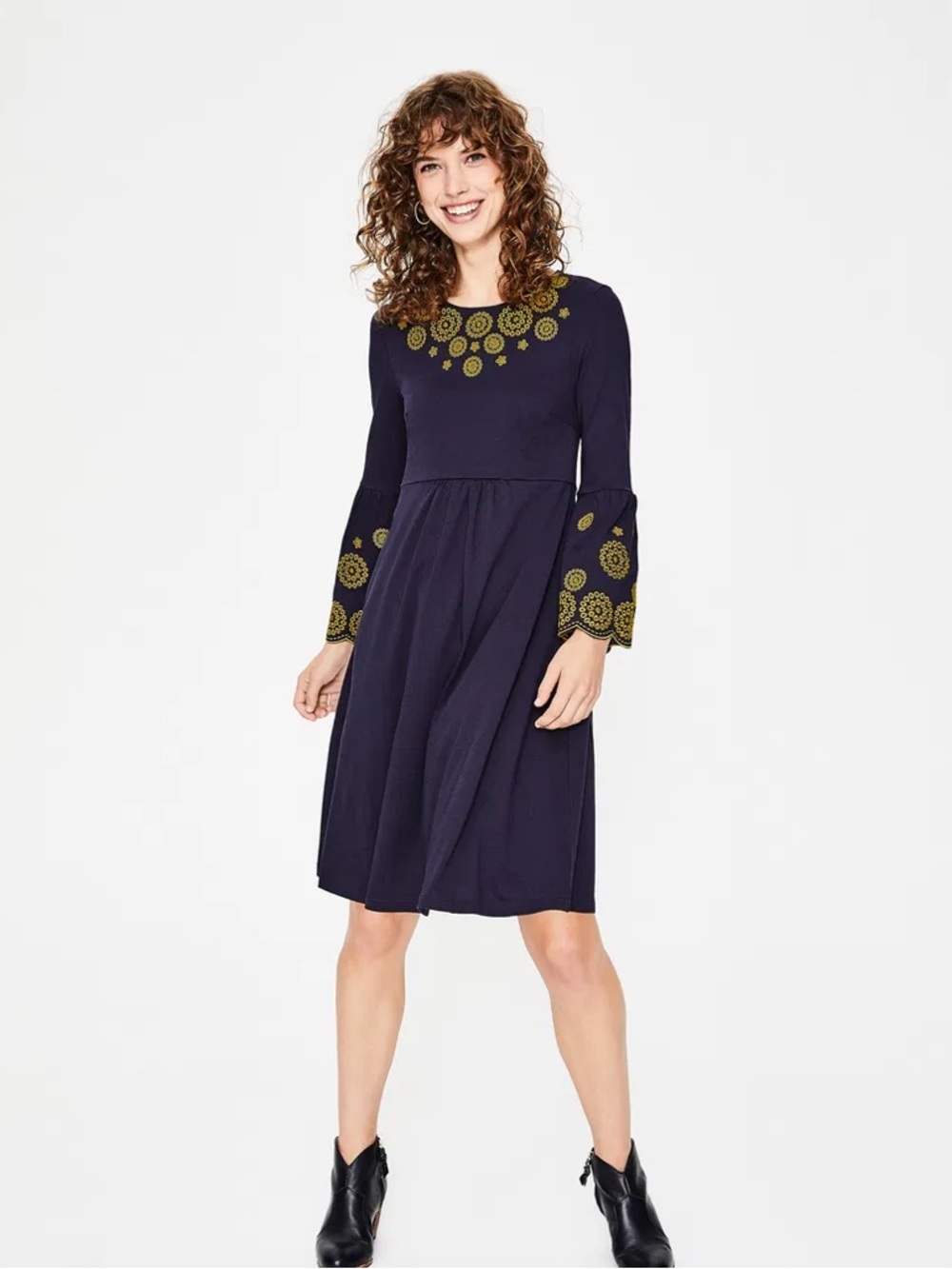 Boden Navy Dress with Gold Embroidered Neckline and Bell Sleeves